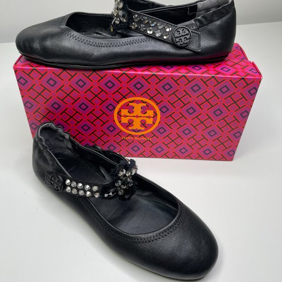 Tory Burch Minnie Embellished Black Nappa Leather Two Way Ballet Flats US Size 8 - Picture 2 of 13